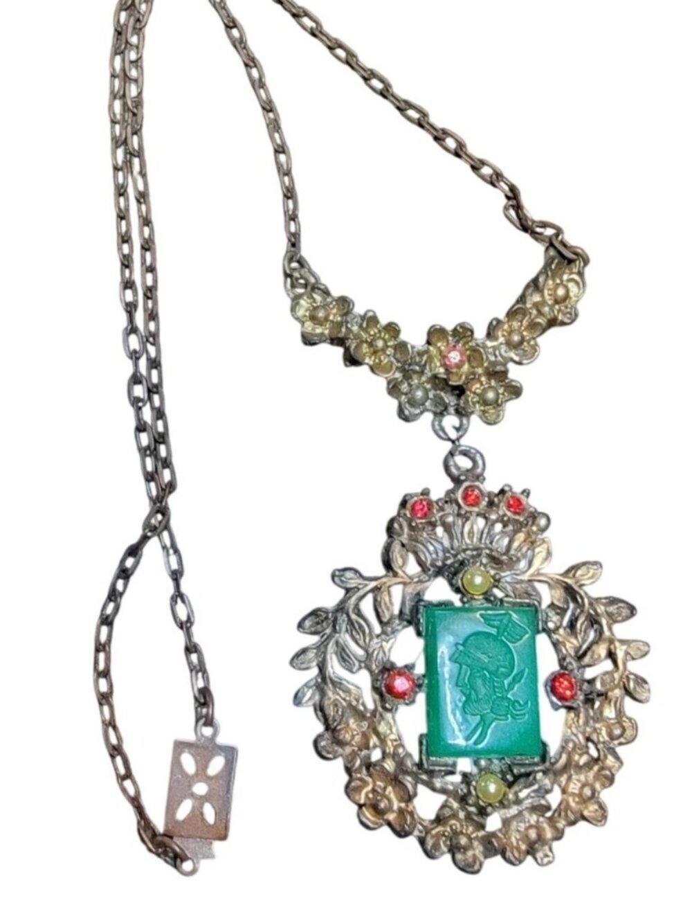 Vintage Victorian Revival Gothic Cameo Necklace Green Glass Rhinestone 15"
